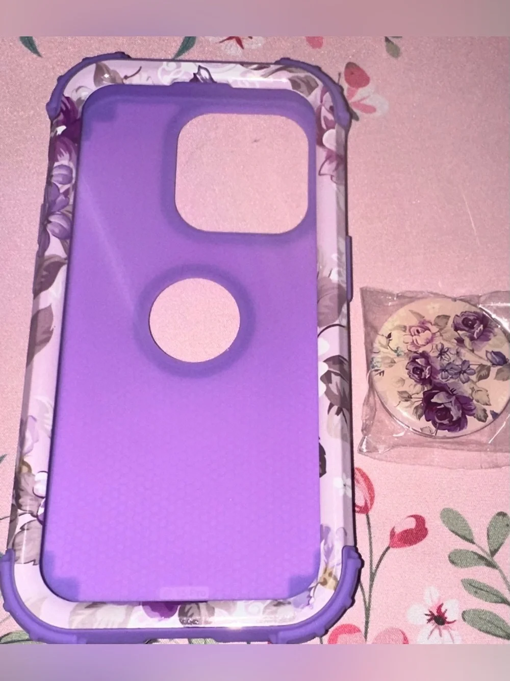 Purple Floral Protective Case with Matching Floral PopSocket- I Phone 15 Pro